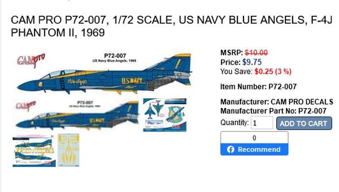 72 SCALE US NAVY BLUE ANGELS F-4J PHANTOM II 1969