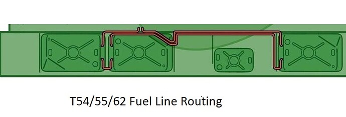 T54, T55, T62 Fuel tank hose routing