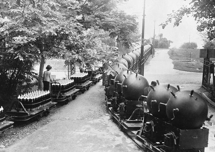 A tiny railway carrying sea mines and shells, Hague, Netherlands, early 1939.