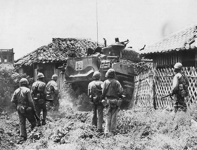 M4_Sherman_and_6th_Division_Marines_Entering_Naha_Okinawa_1945