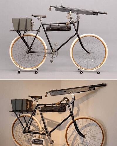 An 1896 Columbia Model 40 bicycle with a Colt machine gun that was used by the military, housed at the Bicycle Museum of America in New Bremen, Ohio