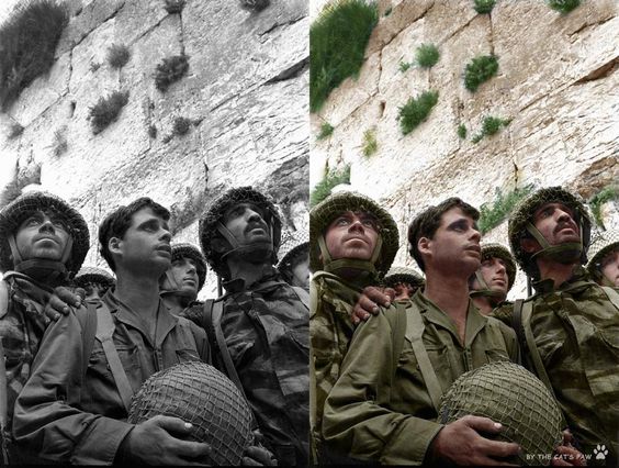 Paratroopers at the Western Wall is an iconic photograph taken on June 7, 1967, by David Rubinger. in color