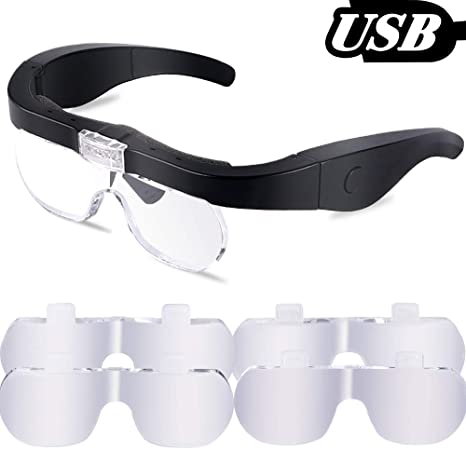 Head Magnifying Glasses USB Charging Hands-Free Magnifier Eyeglasses with Lights 2 LED for Reading Jewelry Handicrafts Electronic Maintenance with 4 Detachable Lenses 1.5X, 2.5X, 3.5X, 5.0X